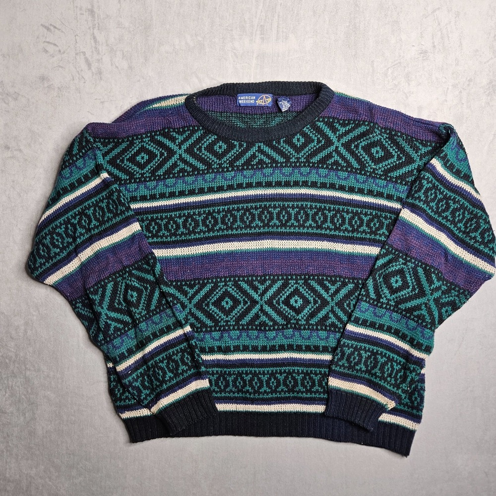 Vintage American Weekend Sweater Mens Large Multicolor Acrylic Chunky Knit Retro